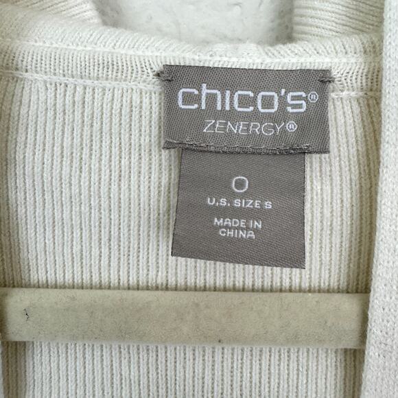 Chico's Womens Long Cardigan Hooded Sweater Size S Striped Neutral Cashmere Gray - Picture 2 of 6